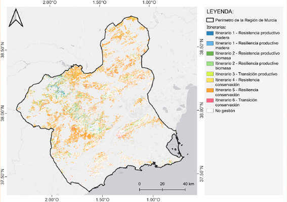Zonificación de unidades de gestión forestal en las masas de pino carrasco de la Región de Murcia según su estrategia de adaptación al cambio climático.